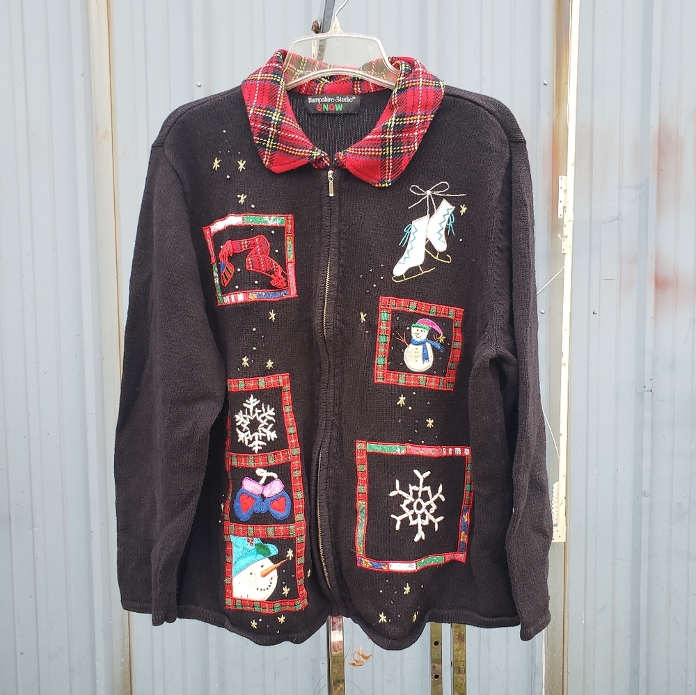 Ugly Christmas Zip Up Sweater Snowman Theme Plaid